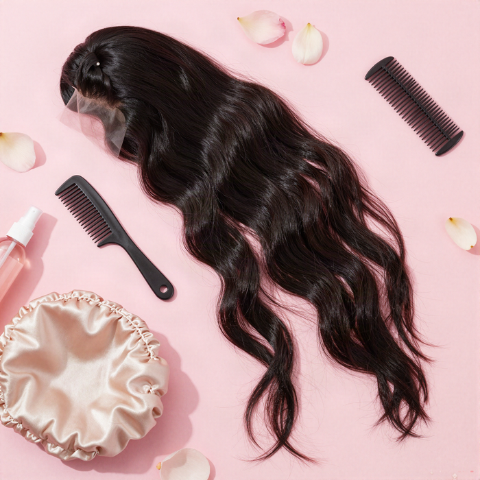 Black loose wave wig with comb, satin bonnet and care tools on pink