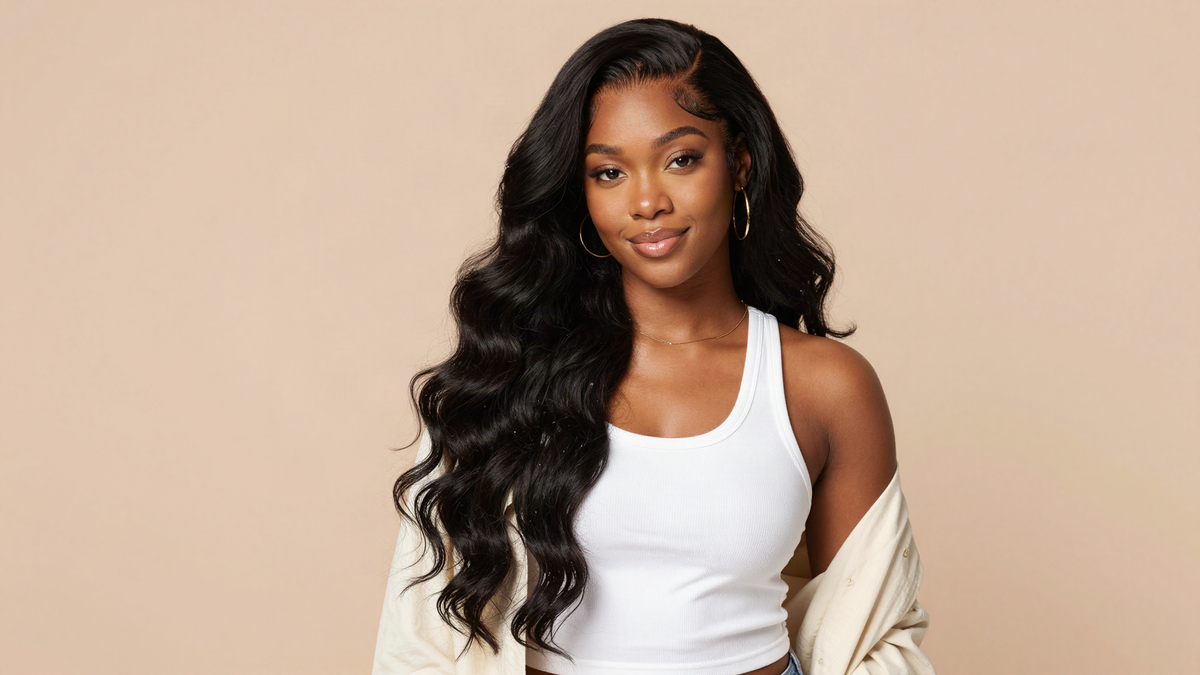 Woman wearing a long black loose wave lace front wig on a peach background