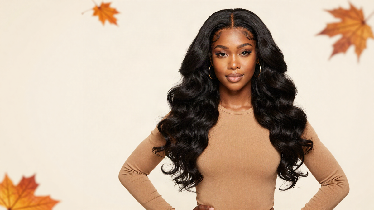Woman wearing a long black loose wave wig on a cream autumn background