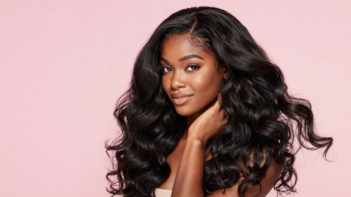 Woman wearing a long black loose wave lace front wig on a pink background