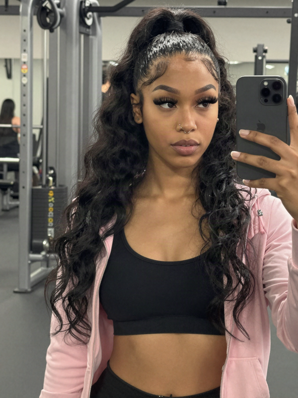 Gym mirror selfie with a lace front wig in a high ponytail