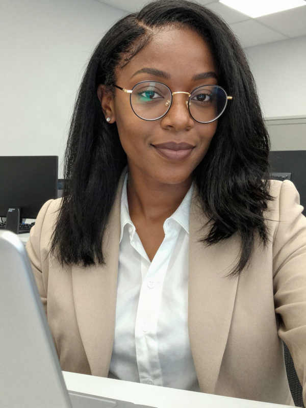 Office selfie wearing a sleek black loose wave wig