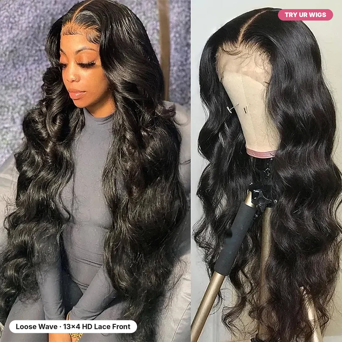 Loose wave 13x4 HD lace front human hair wig on model and mannequin
