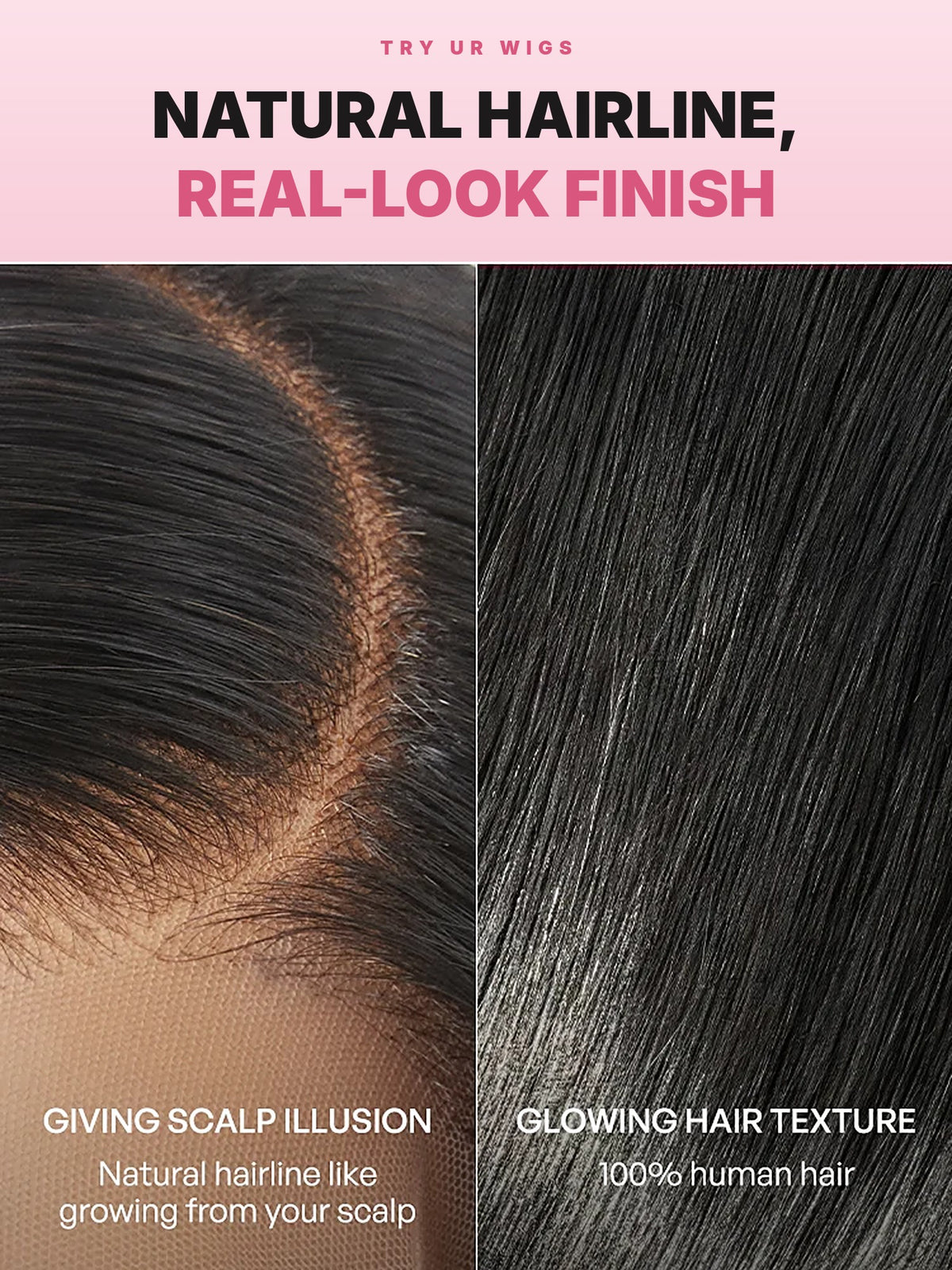 Natural hairline and 100% human hair texture close-up