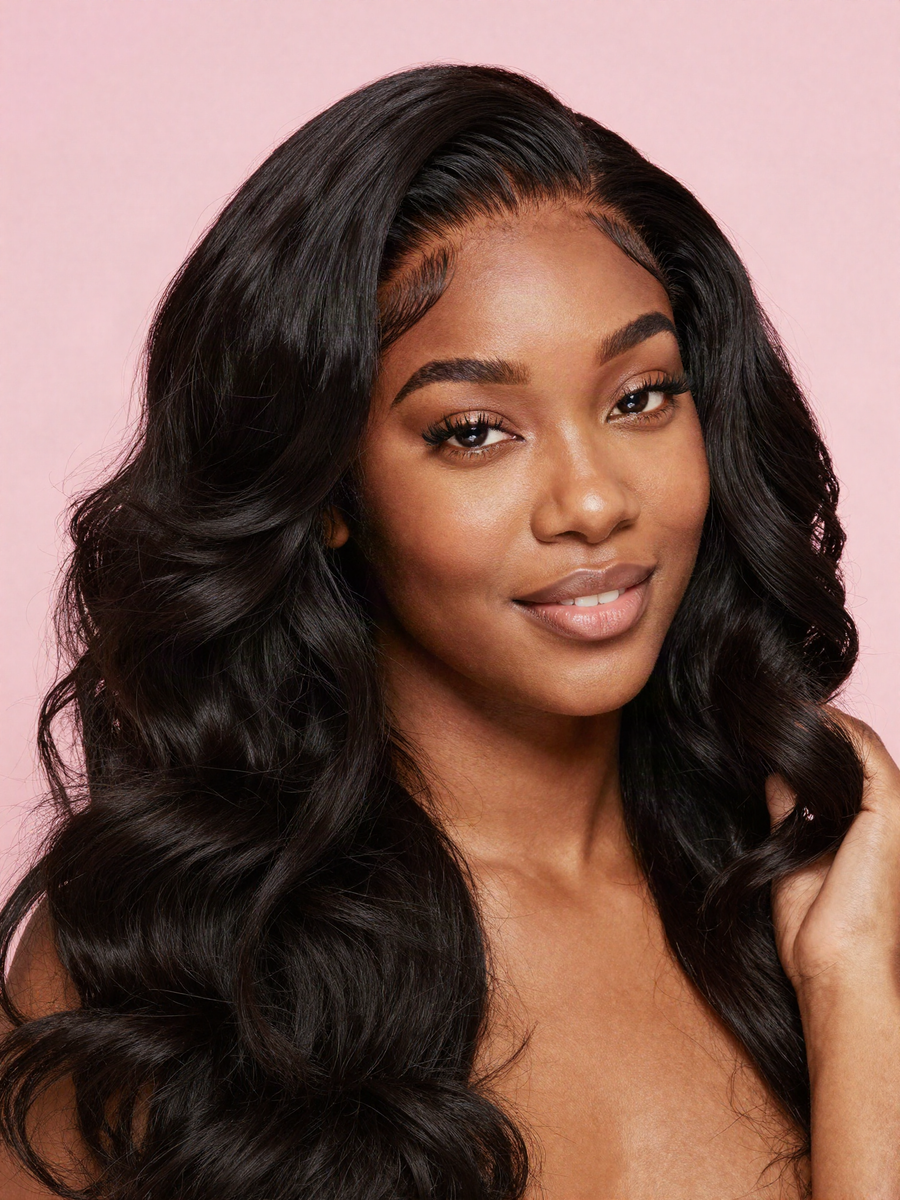 Natural looking black loose wave human hair wig with an invisible lace hairline
