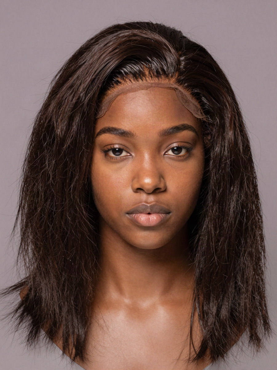 Cheap shiny synthetic wig with a visible lace line