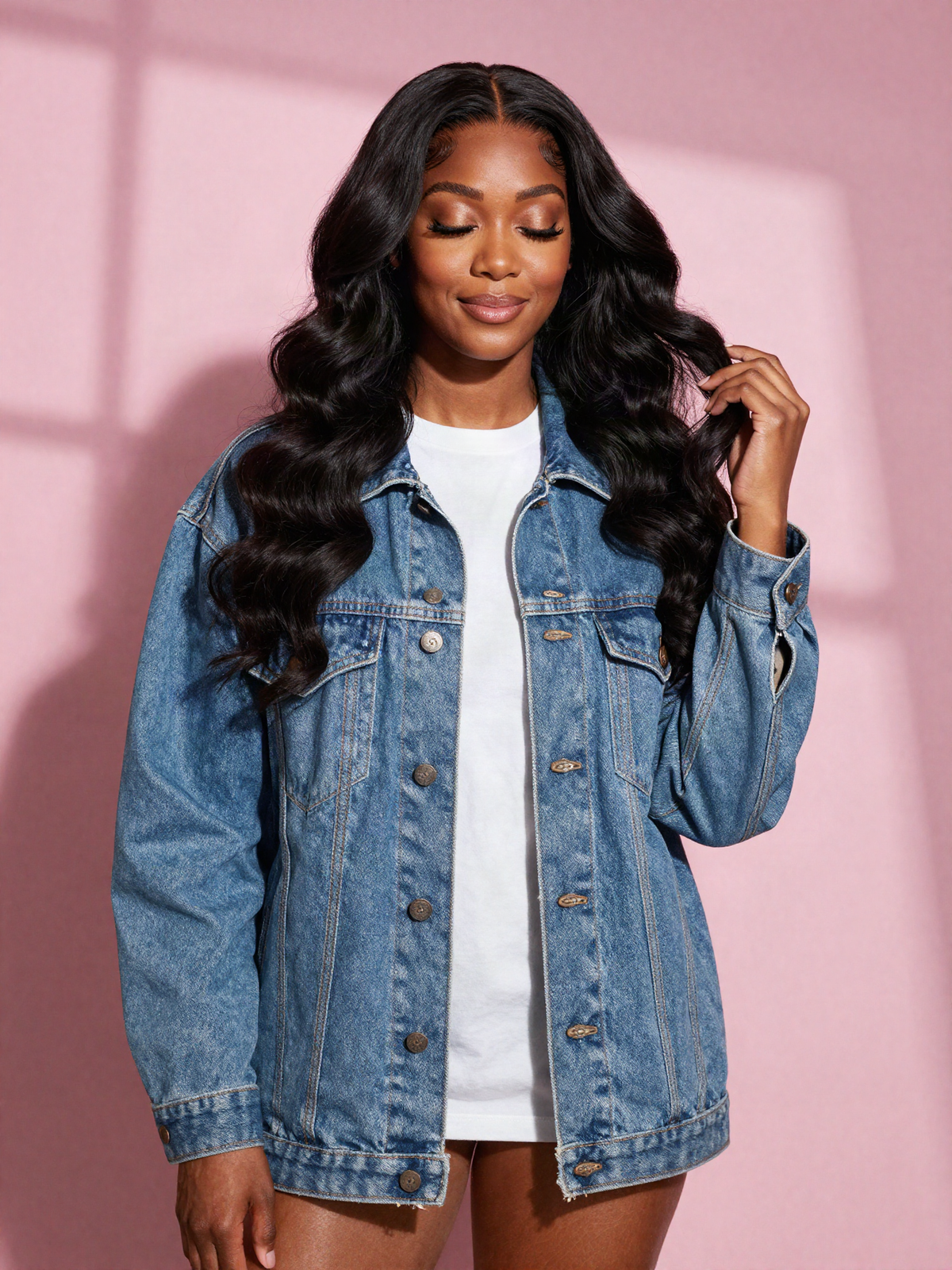 Woman in a denim jacket wearing a loose wave lace front wig